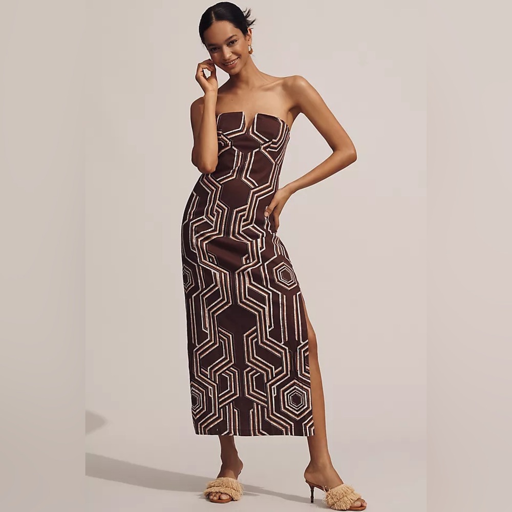 Anthropologie Strapless Brown Geometric Dress